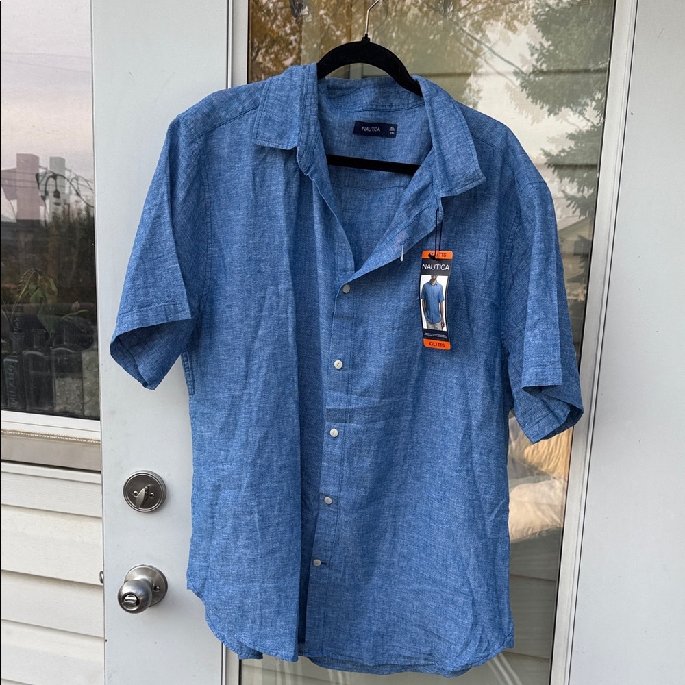 Men’s NAUTICA XXL button up short sleeve linen, blend shirt, light blue, NWT